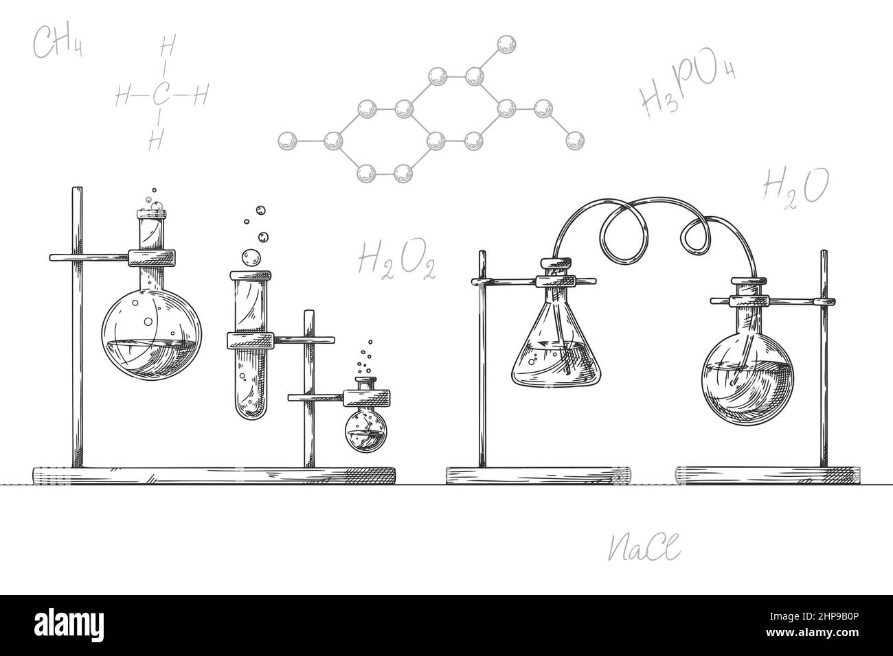 Esquisse d'objets d'un laboratoire chimique.Verrerie pour une expérience chimique.Flacons pharmaceutiques vectoriels, béchers et tubes à essai.Discovery et c Illustration de Vecteur