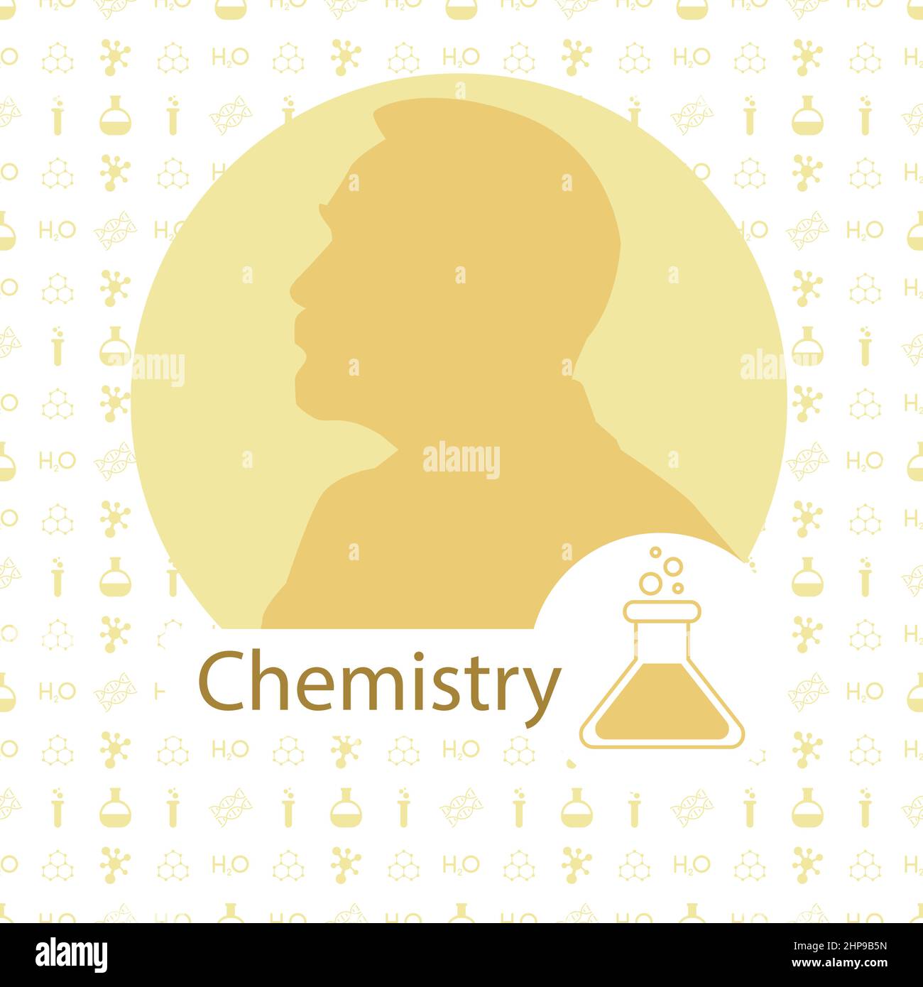 Médaille Nobel stylisée. Silhouette de Nobel dans un style plat. Motif sans couture avec éléments sur le thème de la chimie. Illustration vectorielle. Illustration de Vecteur