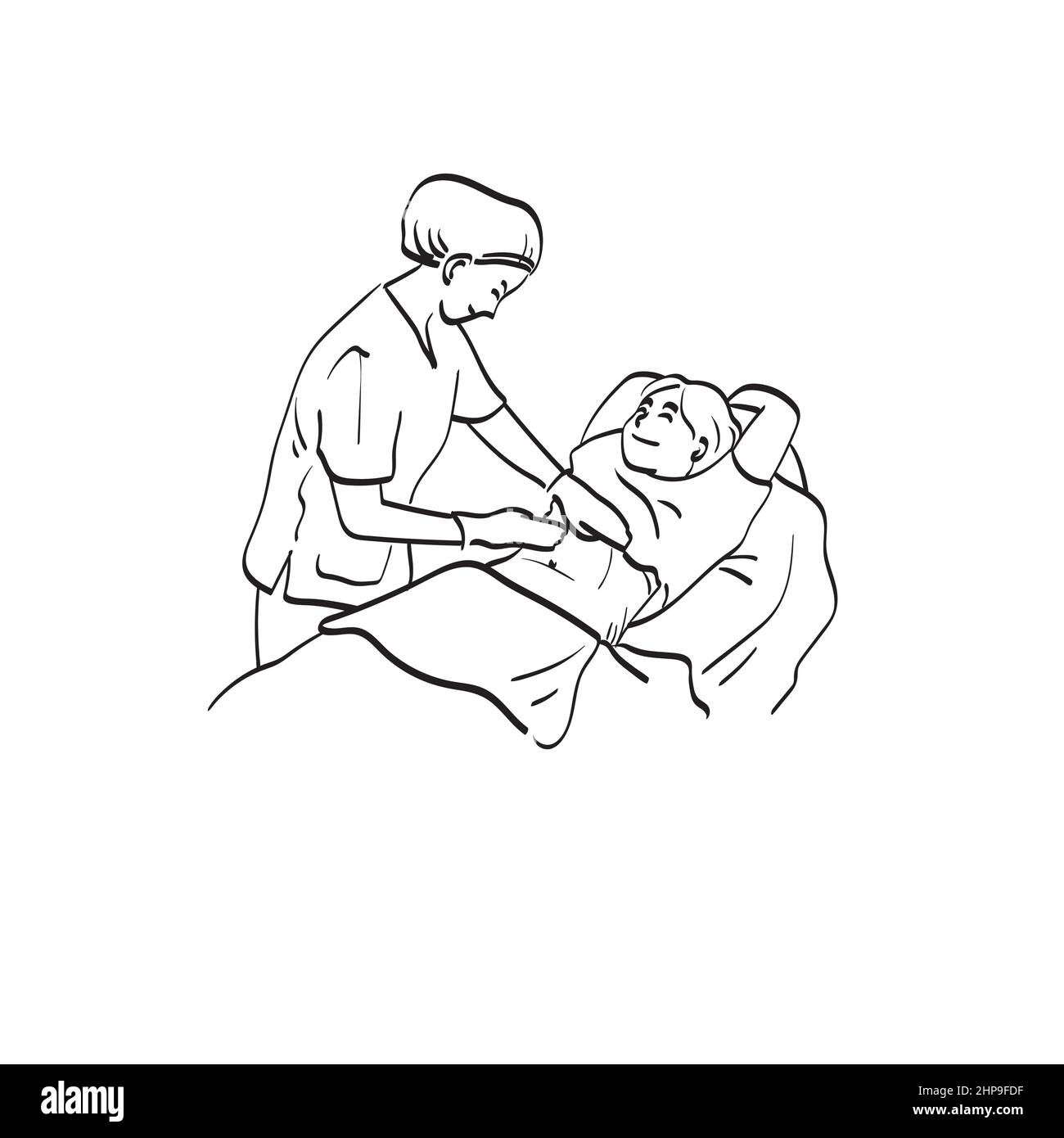 Section médiane de la femme médecin appliquant du gel sur le ventre de la femme enceinte pour l'échographie en clinique illustration vecteur main tirée isolée sur le backgrou blanc Illustration de Vecteur