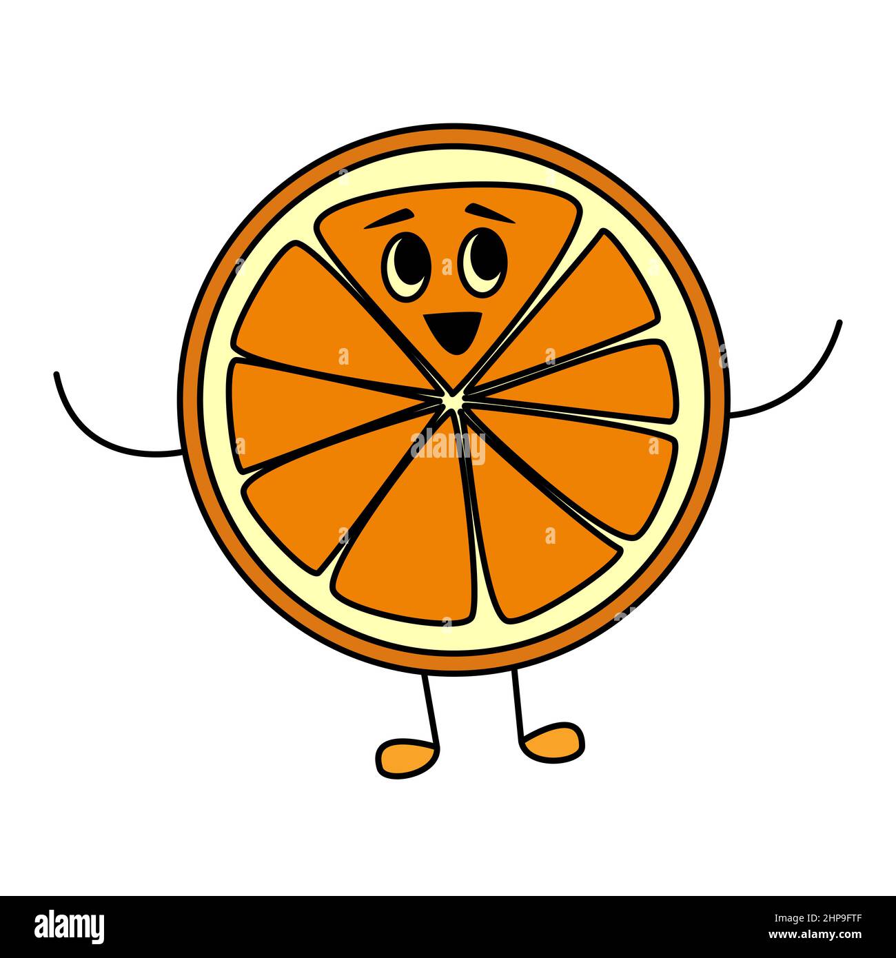 Personnage orange amusant, style dessin animé pour les enfants.Mascotte aux agrumes juteux avec un joli visage pour le jus de vitamine d'été Illustration de Vecteur