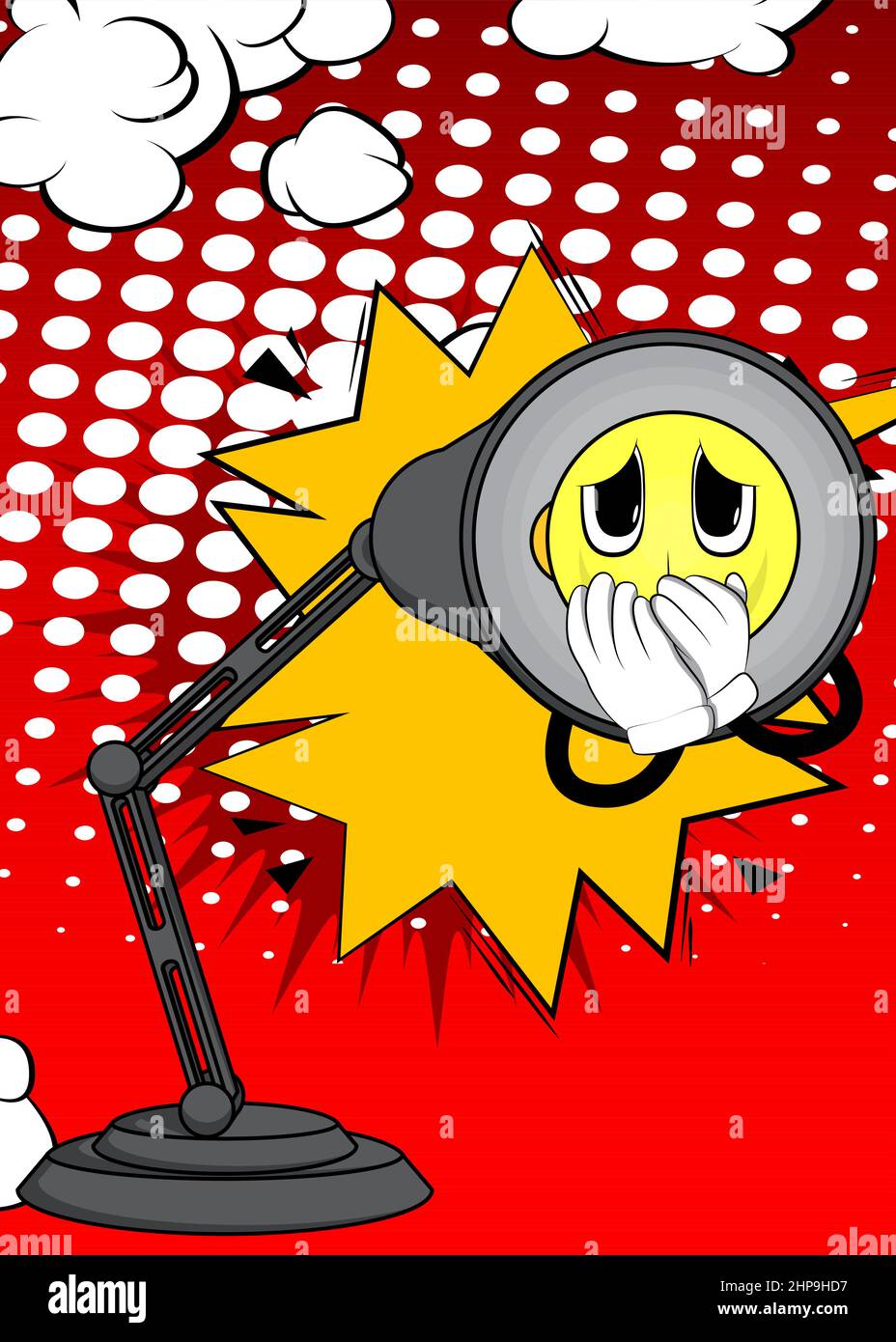 Lampe de table de nuit avec mains sur la bouche. Personnage de dessin animé Office Light avec visage. Illustration de Vecteur
