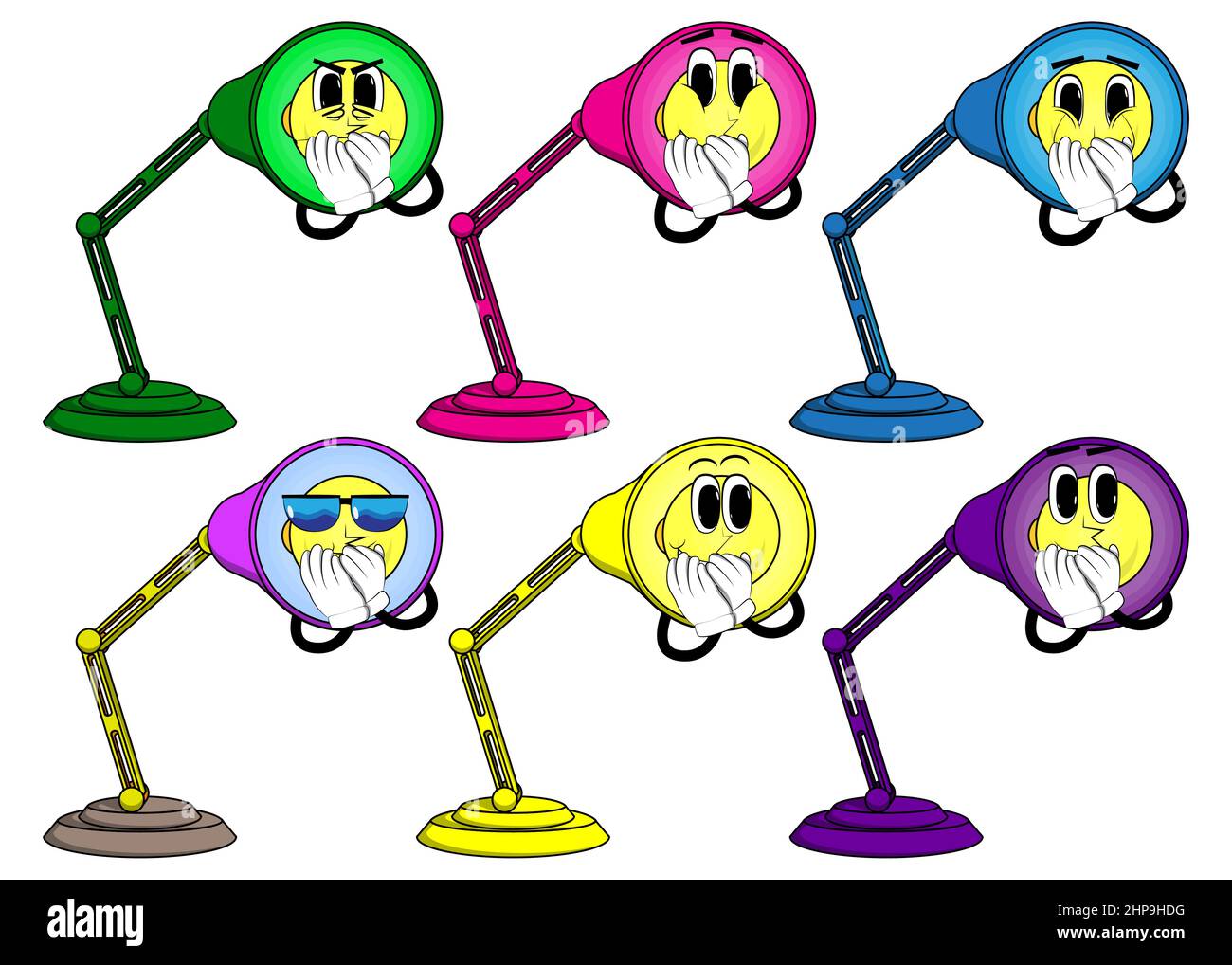 Lampe de table de nuit avec mains sur la bouche. Personnage de dessin animé Office Light avec visage. Illustration de Vecteur