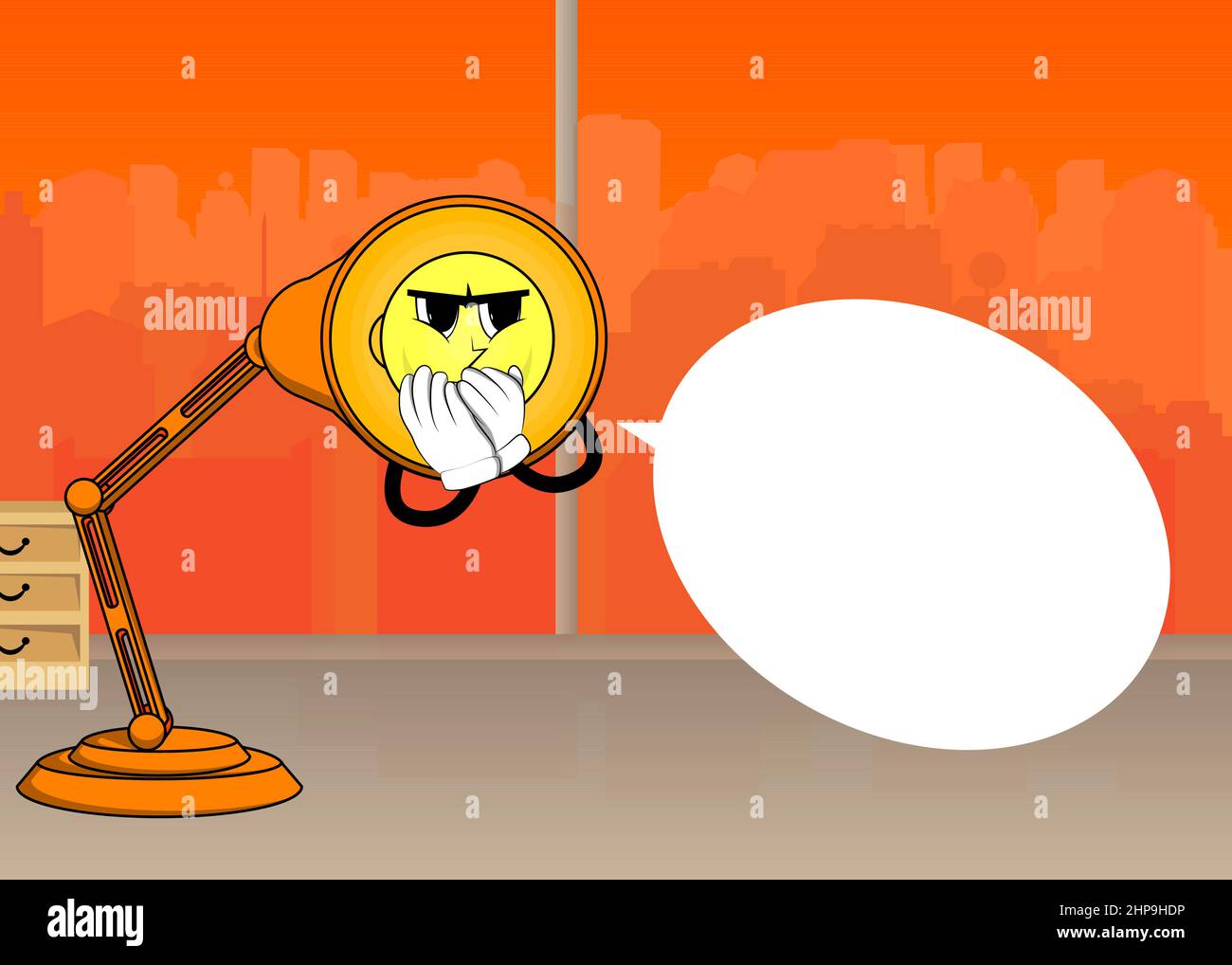 Lampe de table de nuit avec mains sur la bouche. Personnage de dessin animé Office Light avec visage. Illustration de Vecteur