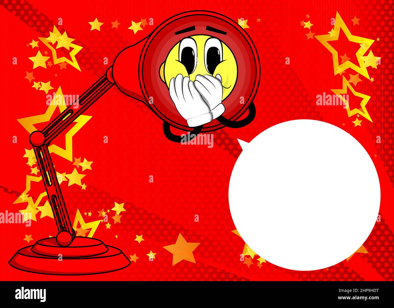 Lampe de table de nuit avec mains sur la bouche. Personnage de dessin animé Office Light avec visage. Illustration de Vecteur