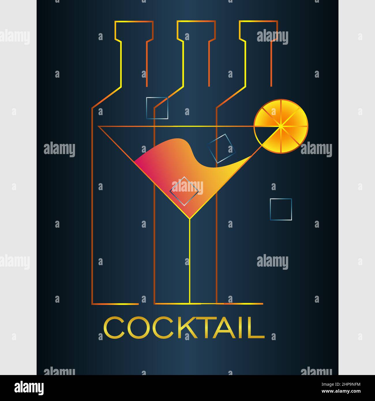 résumé logo minimal d'un cocktail avec citron et bouteilles sur fond sombre 1 Illustration de Vecteur