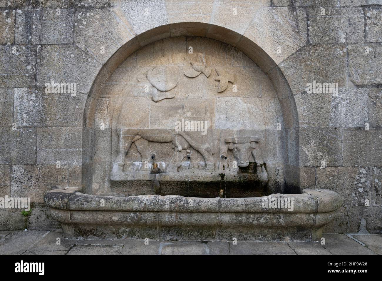 Une fontaine d'eau avec une scène de bestiaux au Mercado de Abastos à Saint-Jacques-de-Compostelle, Espagne. La ville est le terminus de la voie de St. Banque D'Images