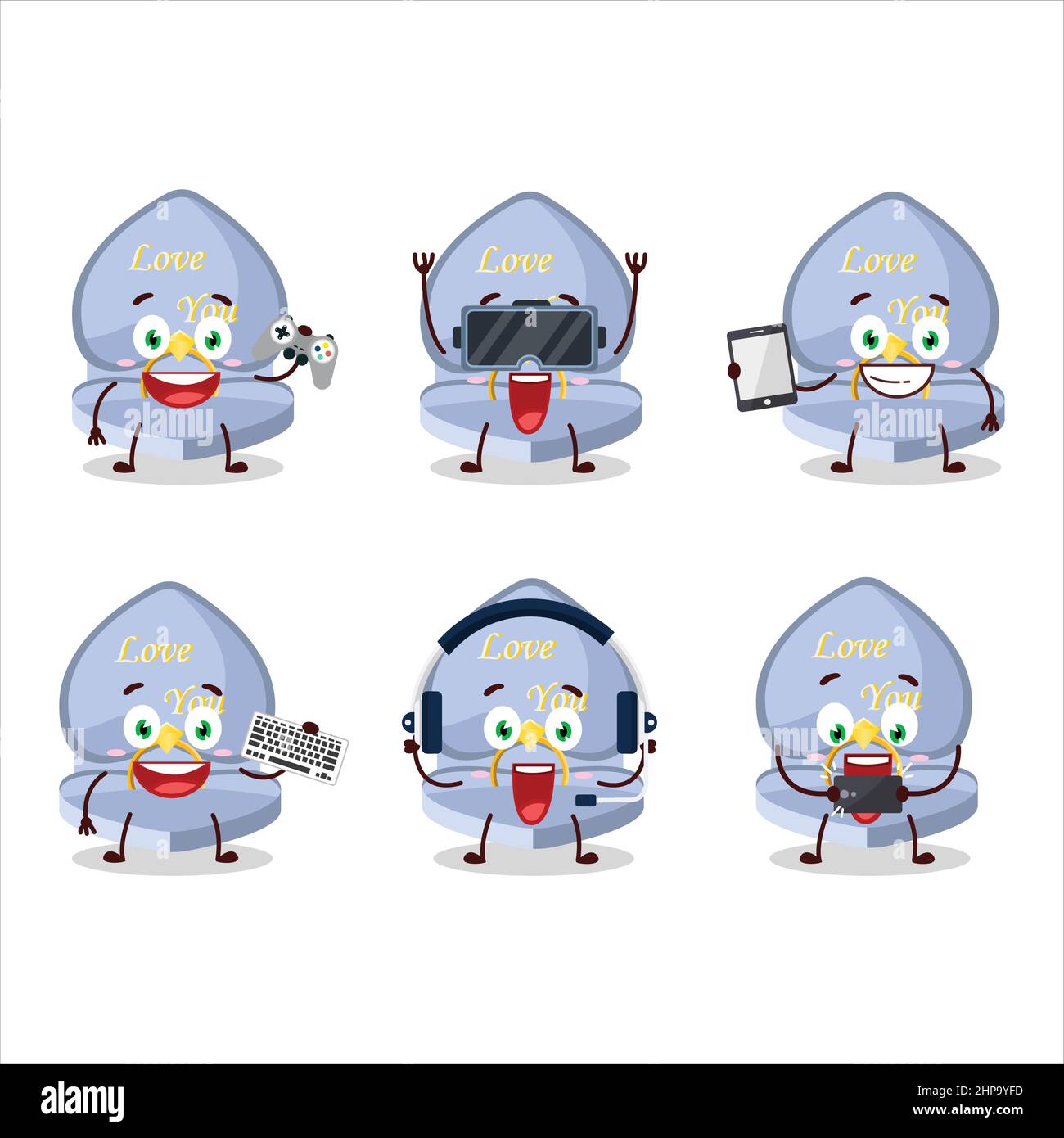 Le personnage de dessin animé de boîte de bague d'amour bleu joue à des jeux avec diverses émoticônes mignons. Illustration vectorielle Illustration de Vecteur