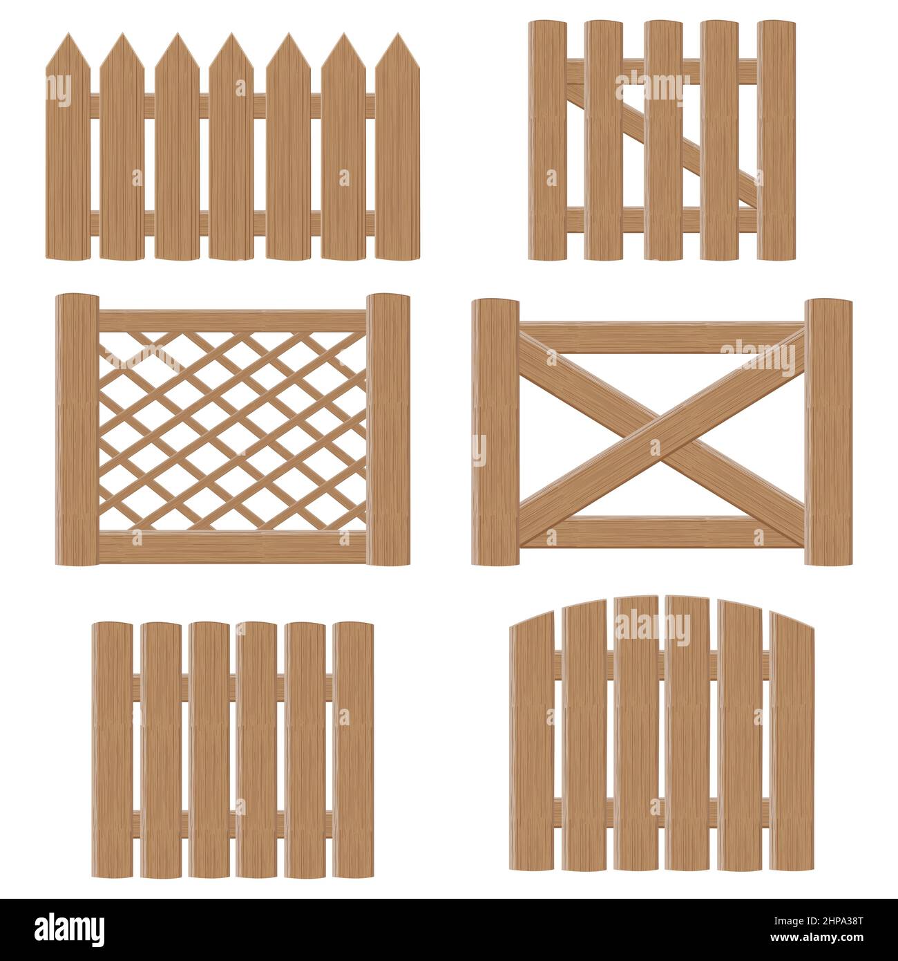 Un ensemble de portes et de clôtures en bois fait de planches de différents dessins, illustration vectorielle en style dessin animé. Illustration de Vecteur