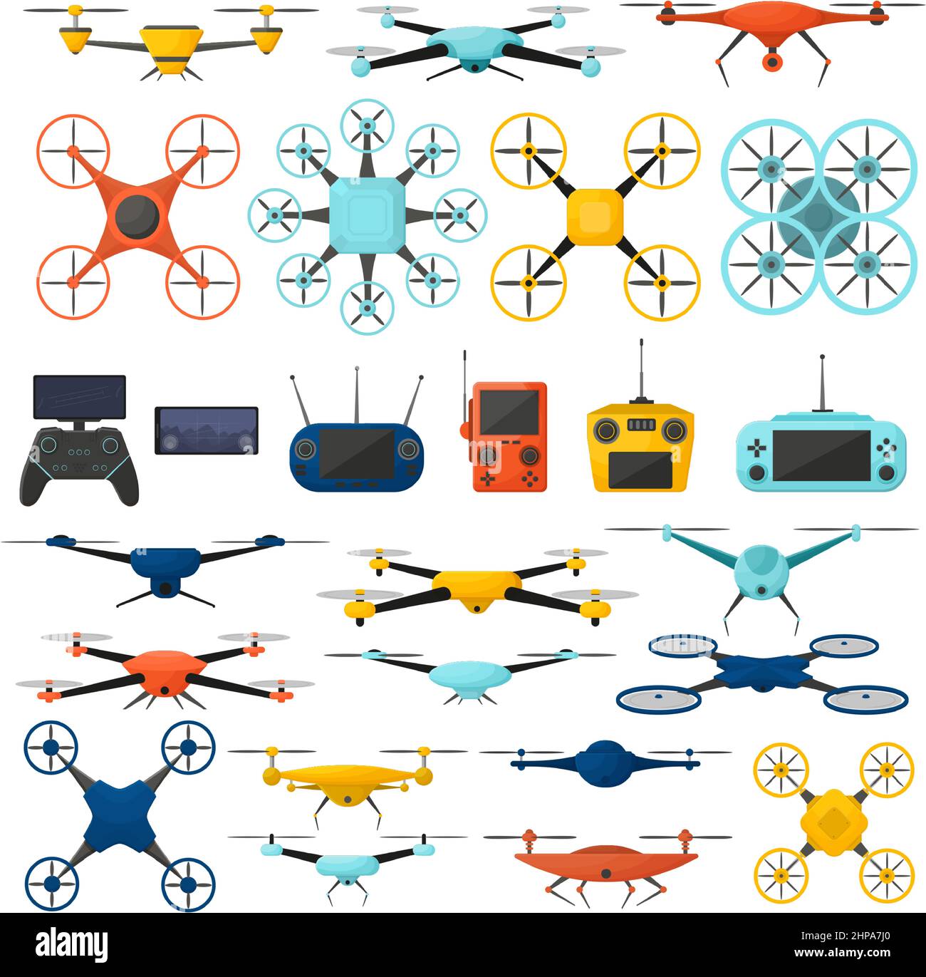 Technologie de drone gadgets aériens, quadcopters aériens sans pilote. Jeu moderne de symboles vectoriels de flics aériens multicolores. Drones de livraison. Périphériques f Illustration de Vecteur