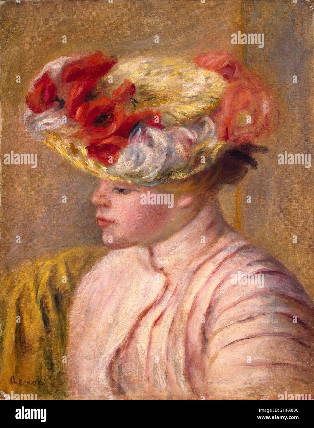 Titre: Jeune femme dans un chapeau fleuri Créateur: Pierre Auguste Renoir Date: 1892 Dimensions: 41x533 cm Moyen: Huile sur toile lieu: Musée de l'Ermitage, Saint-Pétersbourg, Russie Banque D'Images