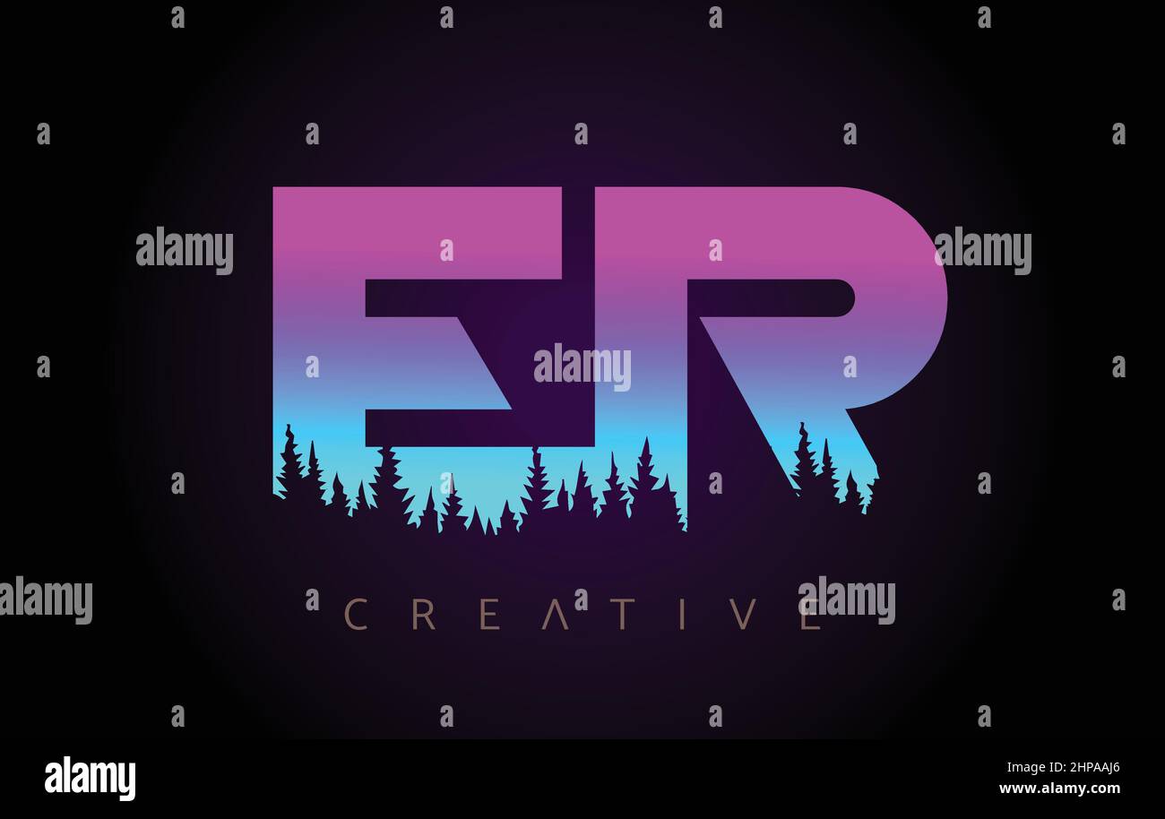 Lettres ER logo Design avec des couleurs bleu pourpre et le concept d'arbres de forêt de pins icône vectorielle. Logo ER Trees avec une idée de couleurs de dégradé vibrantes. Illustration de Vecteur
