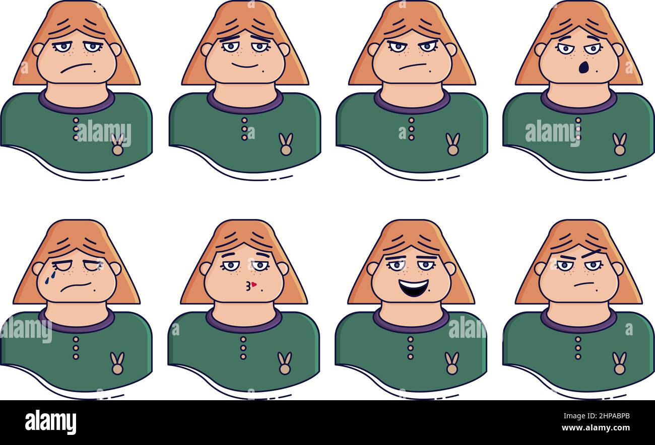 Expressions du visage de la femme. Jolie fille avec divers vecteur d'émotions illustration plate. Illustration de Vecteur