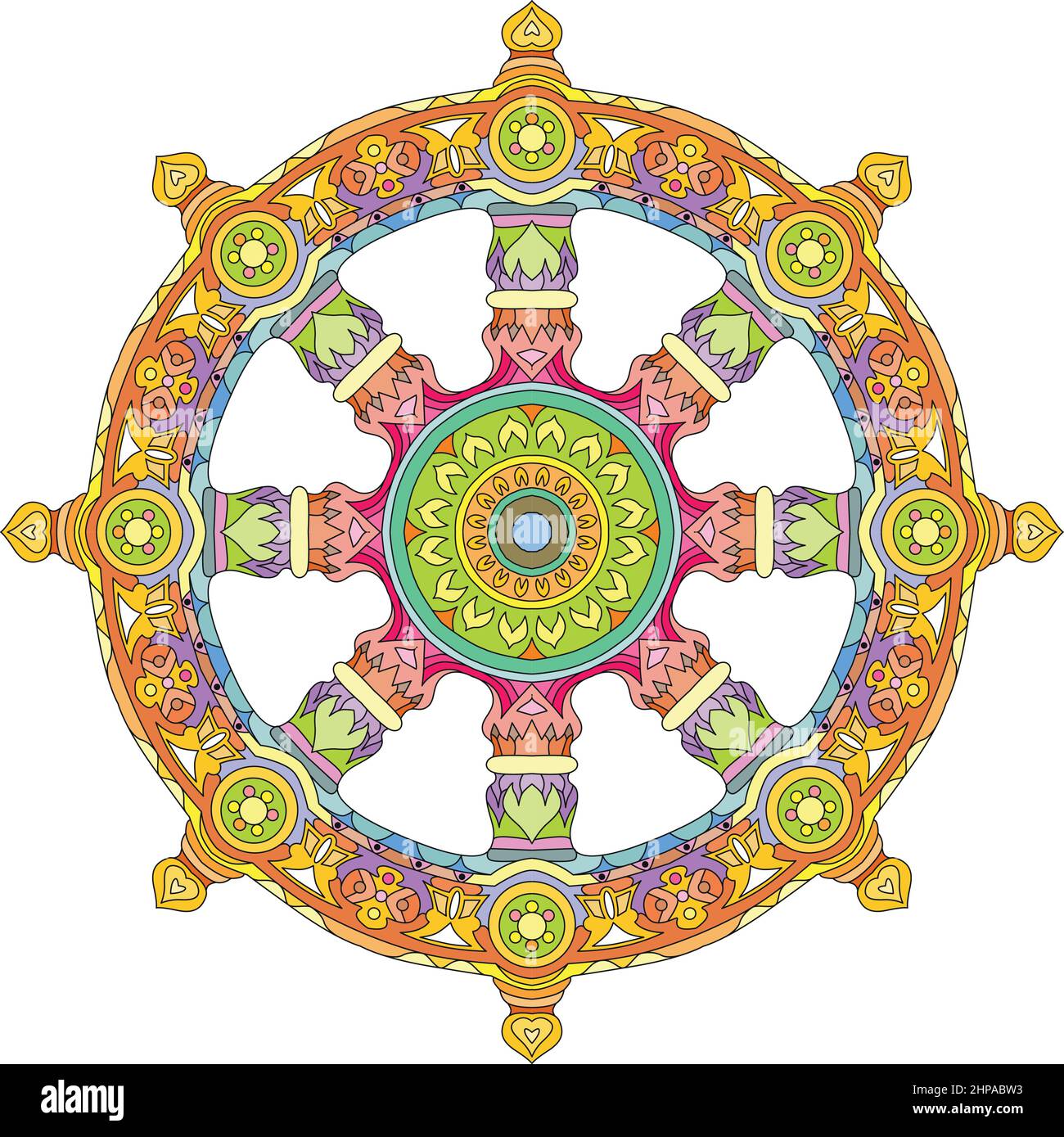 La Roue du Dharma, Dharmachakra. Symbole de l'enseignement du Bouddha sur la voie de l'illumination, la libération de la part de l'autre partition. Illustration de Vecteur