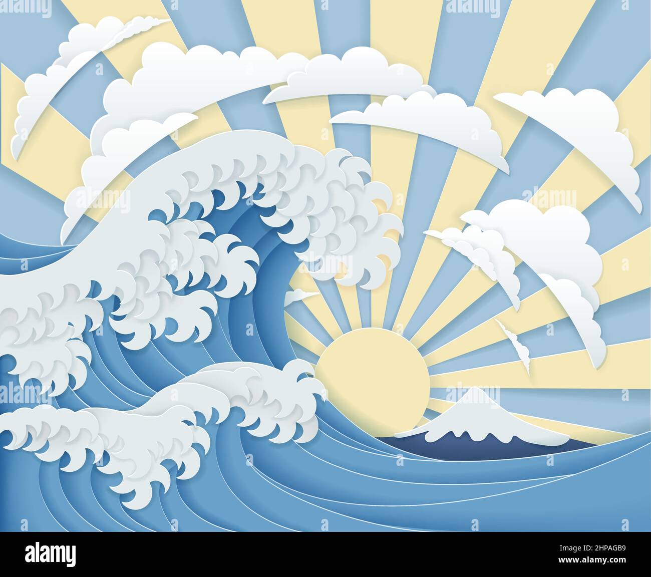 Papier artisanal superposé au lever du soleil sur la grande vague japonaise Illustration de Vecteur