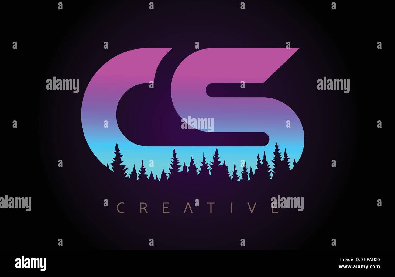 LETTRES CS logo Design avec des couleurs bleu violet et le concept des arbres de forêt de pins icône vectorielle. LOGO CS Trees avec idée de couleurs de gradient vibrantes. Illustration de Vecteur