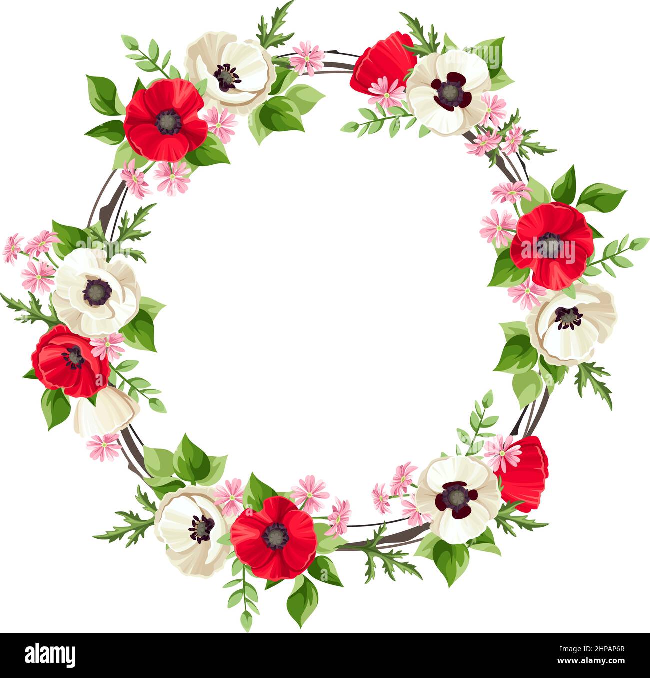 Couronne à fleurs vectorielles avec fleurs de pavot rouges et blanches, petites fleurs roses et feuilles vertes. Cadre en forme de cercle fleuri. Carte de vœux ou d'invitation Illustration de Vecteur