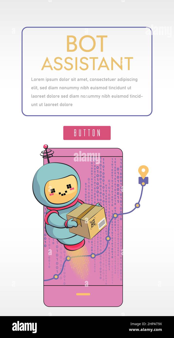 Chatbot isolé sur fond blanc. Le bot tient la boîte et aide à la livraison des paquets. Service client Chatbot. Illustration vectorielle plate Illustration de Vecteur