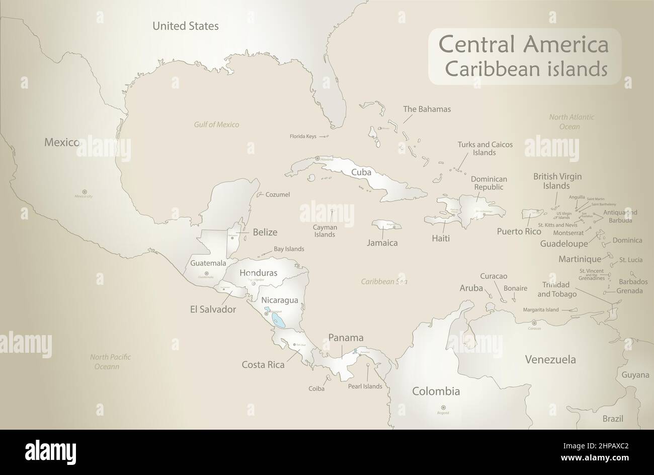 Carte des îles des Caraïbes et de l'Amérique centrale, États et îles et capitales avec noms, vieux papier vecteur de fond Illustration de Vecteur