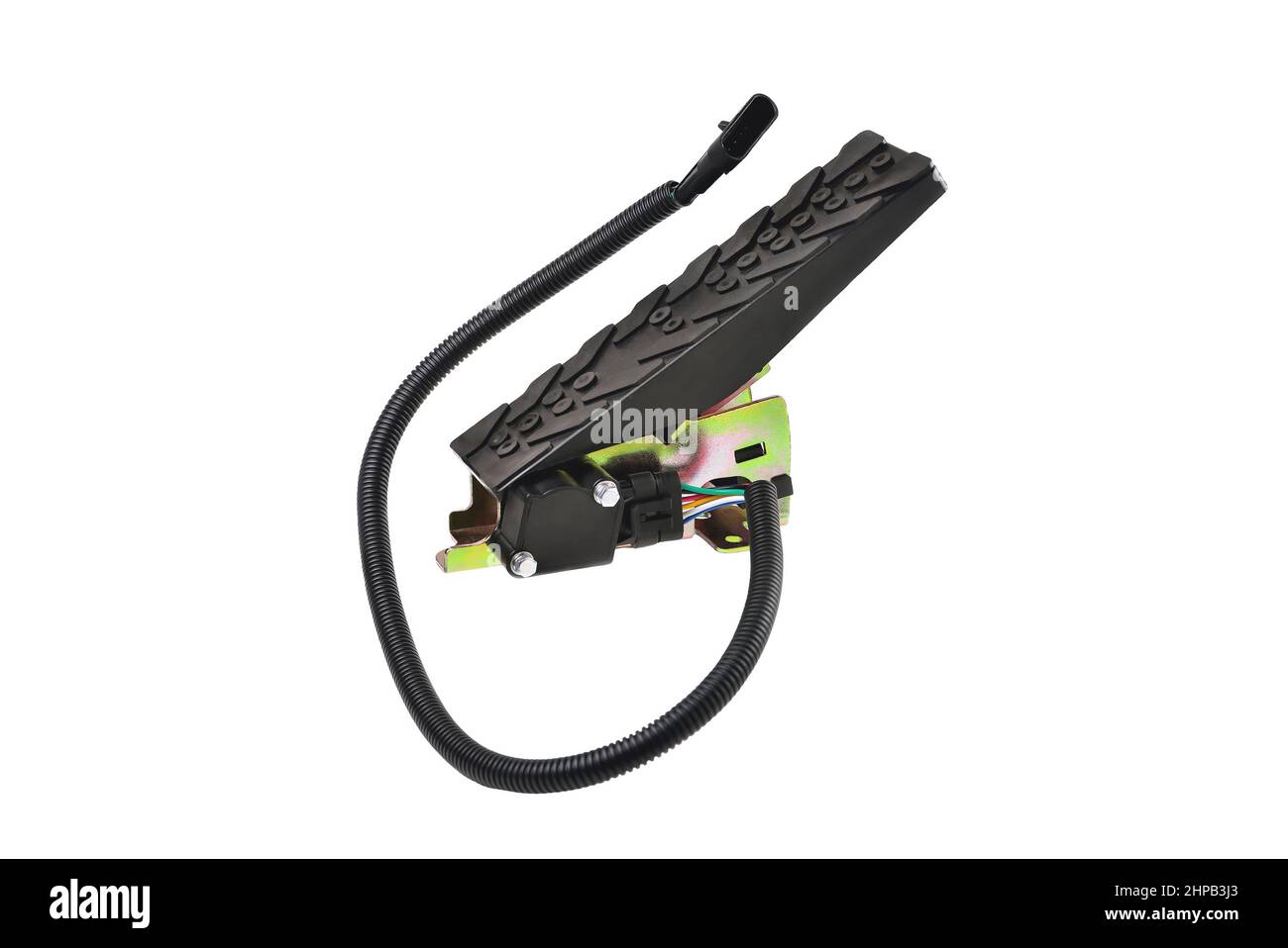 pédale d'accélérateur électronique de voiture, pédale d'accélérateur de chariot, pédale d'accélérateur électronique avec fil de connexion, mise au point sélective, fond blanc, gros plan Banque D'Images