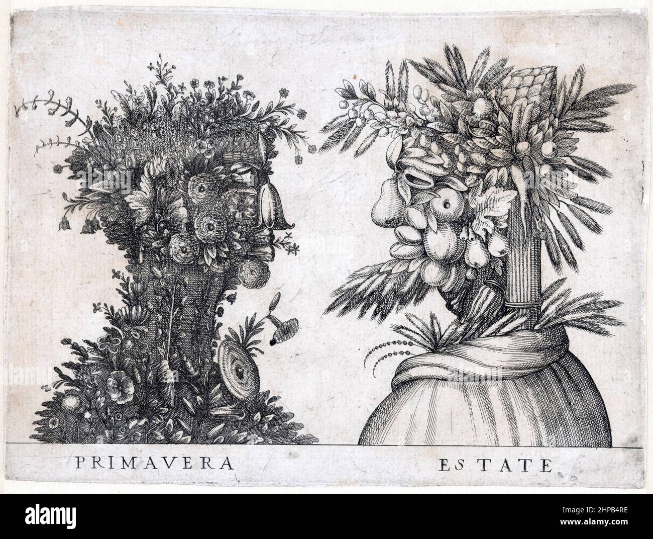 La personnification de Spring (Primavera) se compose de fleurs et de plantes; l'été (domaine) de fruits, de gerbes de maïs, d'épis de maïs, de racines et d'un artichaut. Voir aussi le pendentif avec l'automne et l'hiver. Par Giuseppe Arcimboldo ca. 1565 - env. 1580 Banque D'Images