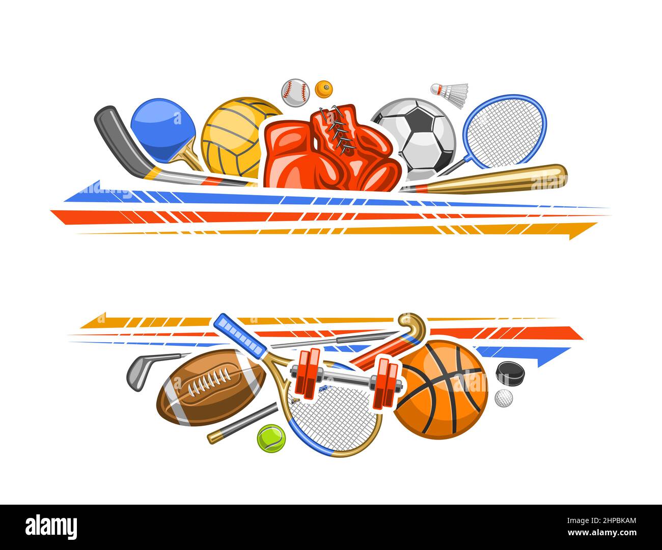 Bordure vectorielle pour équipement de sport avec espace de texte vide, concept promotionnel décoratif avec illustration de l'équipement de sport d'été de variété, laathe rouge Illustration de Vecteur