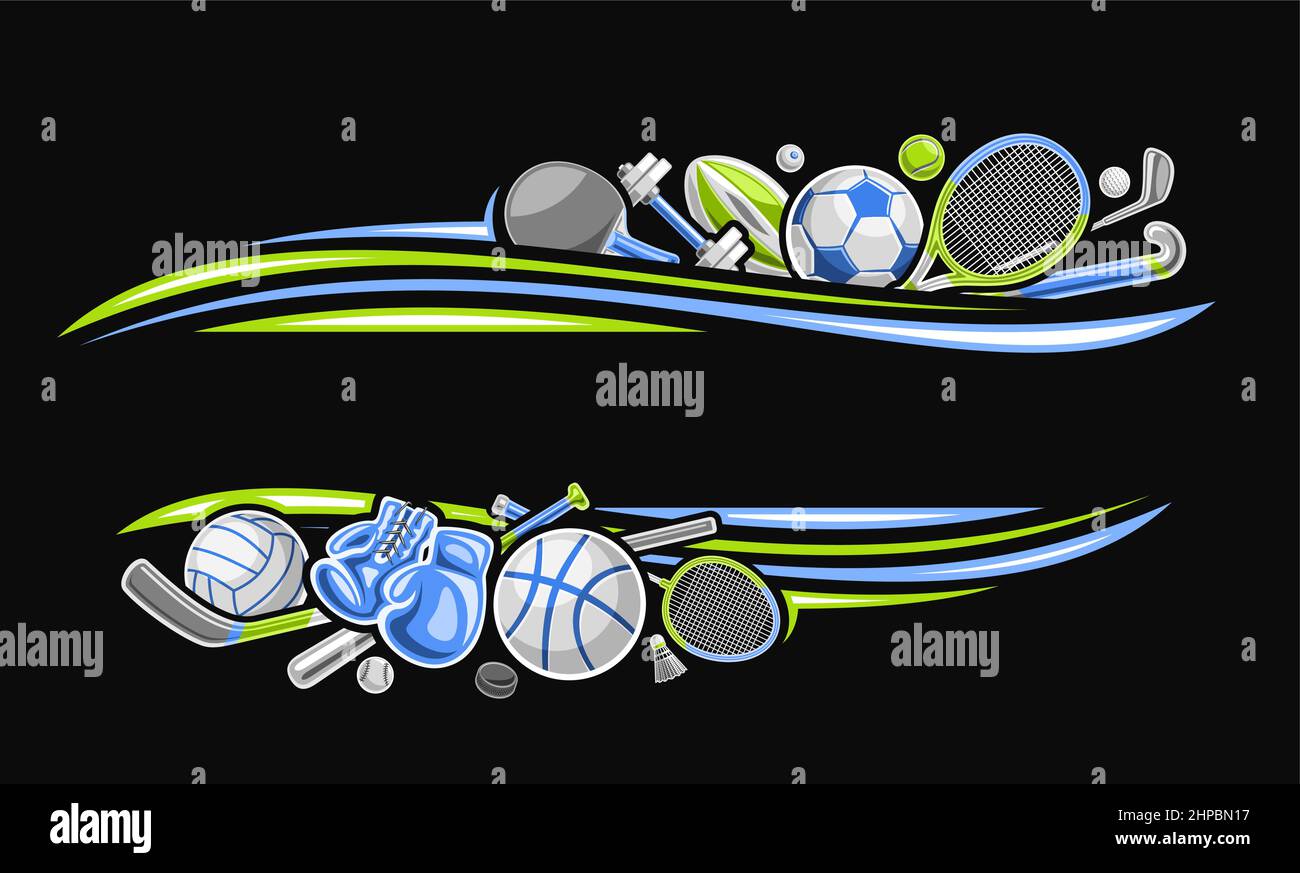 Bordure vectorielle pour équipement de sport avec espace vide pour le texte, coupon promotionnel décoratif avec illustration de divers articles de sport d'été, bleu laathe Illustration de Vecteur
