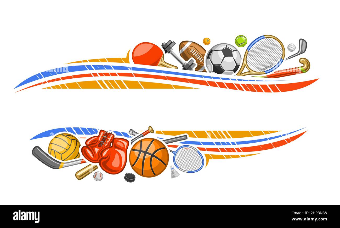 Bordure vectorielle pour équipement de sport avec espace de texte vierge, bon promotionnel décoratif avec illustration de l'équipement de sport d'été de variété, laathe rouge Illustration de Vecteur