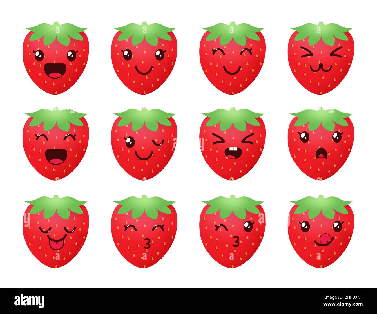 Ensemble de vecteurs de fraises Kawaii emoji. Emojis dans les visages de baies avec l'expression cute du visage isolé dans le fond blanc pour les fruits de baies émoticone. Illustration de Vecteur