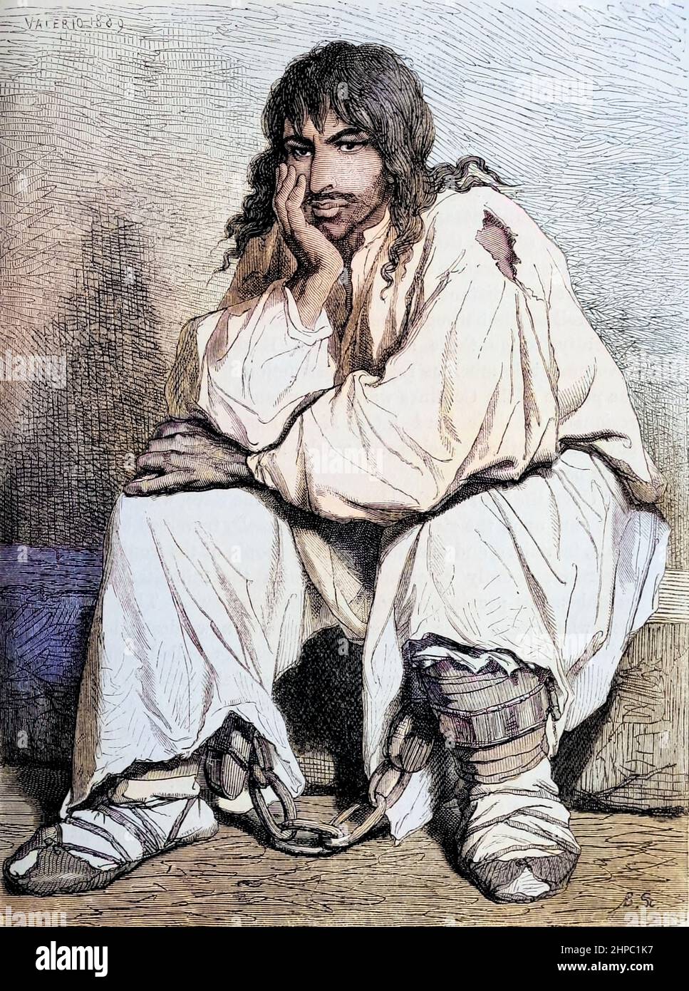 Tsigane [Tzigane ou Romani] prisonnier dans des chaînes gravure sur bois de la race humaine par Figuier, Louis, (1819-1894) publication en 1872 Éditeur: New York, Appleton Banque D'Images