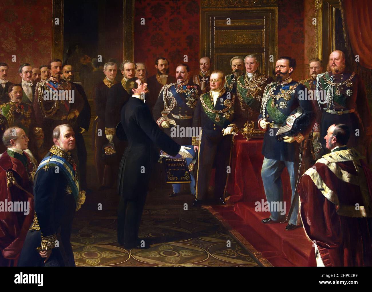 "Bettino Ricasoli présente le plébiscite de l'annexion de la Toscane au roi Vittorio Emanuele II" (1862) par l'artiste italien Angelo Capisani, peinture à l'huile. Bettino Ricasoli présente le plébiscite à Vittorio Emanuele II (22 mars 1860) par Angelo Capisani 1862. Victor Emmanuel II, 1820 -1878, roi de Sardaigne, 1849 - 1861, a assumé le titre de roi d'Italie, est devenu le premier roi, indépendant, l'Italie unie, depuis le VIe siècle, un titre qu'il a conservé jusqu'à sa mort en 1878, Italie, italien, Banque D'Images