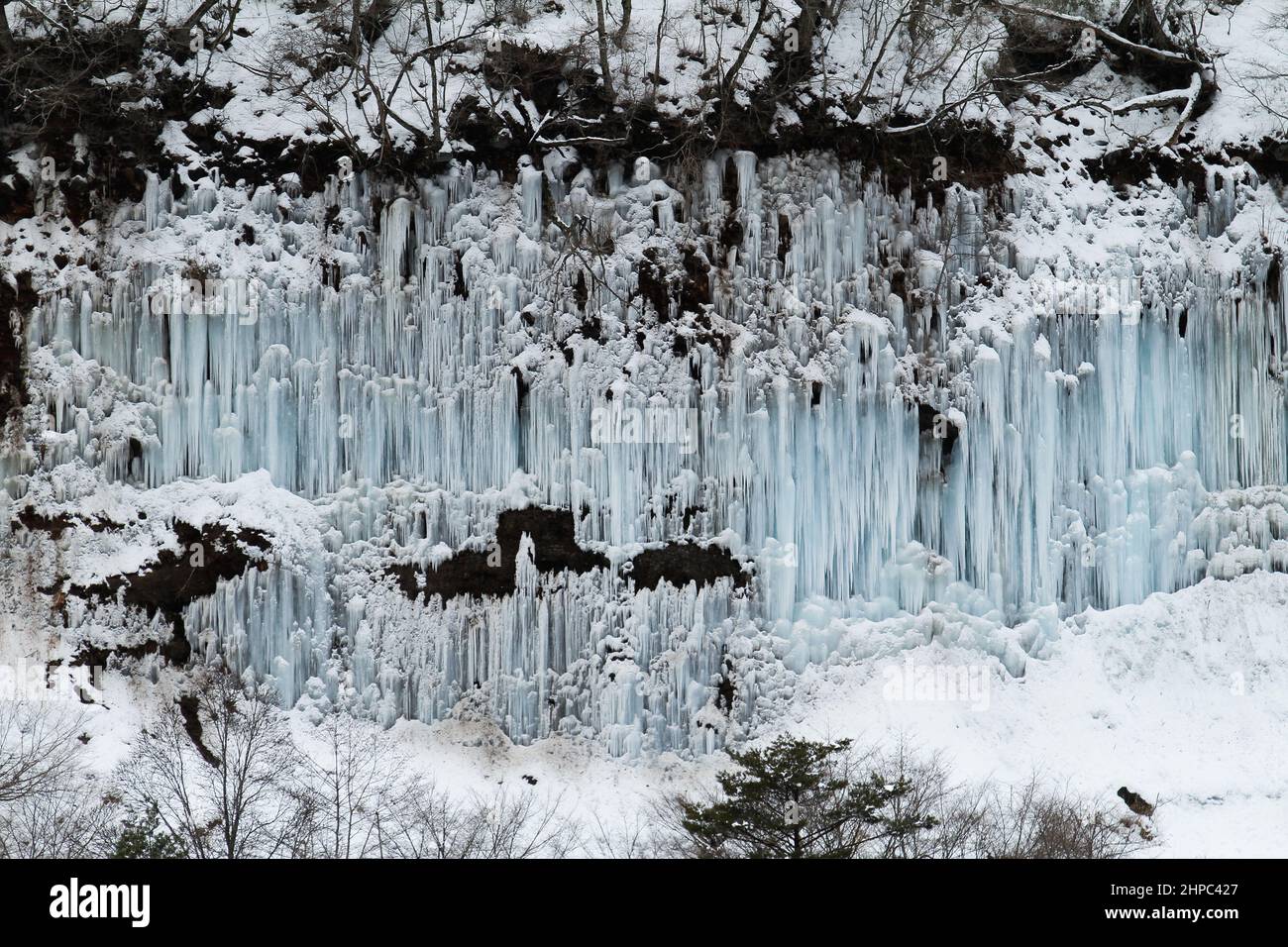 shirakawa, nagano, japon, 2022/20/02 , la vue des piliers de glace de Shirakawa est un phénomène naturel qui se produit chaque hiver le long d'une des falaises de Mt Banque D'Images