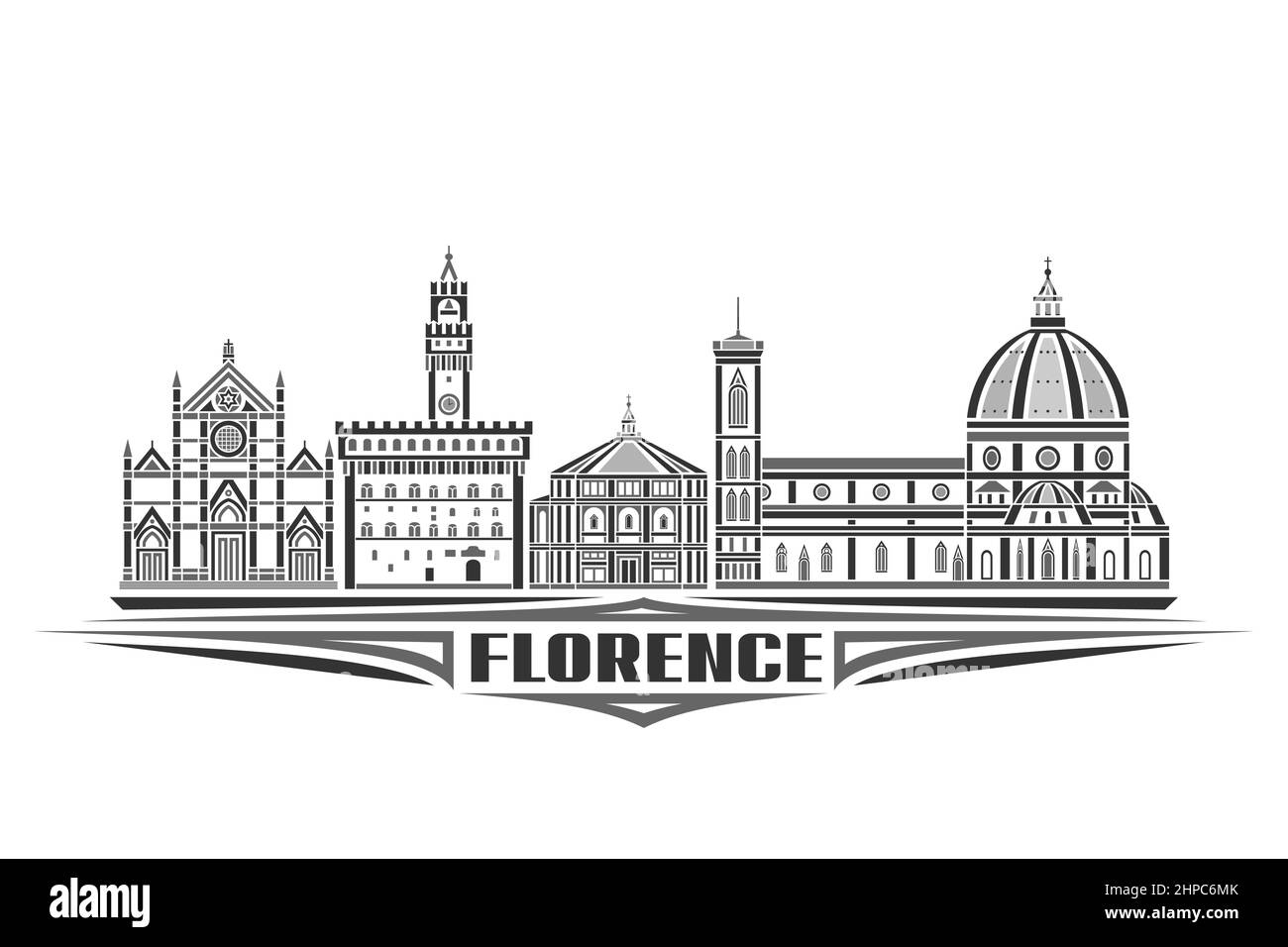Illustration vectorielle de Florence, affiche horizontale monochrome avec design linéaire célèbre paysage de la ville de florence, concept d'art urbain avec le décoratif Illustration de Vecteur