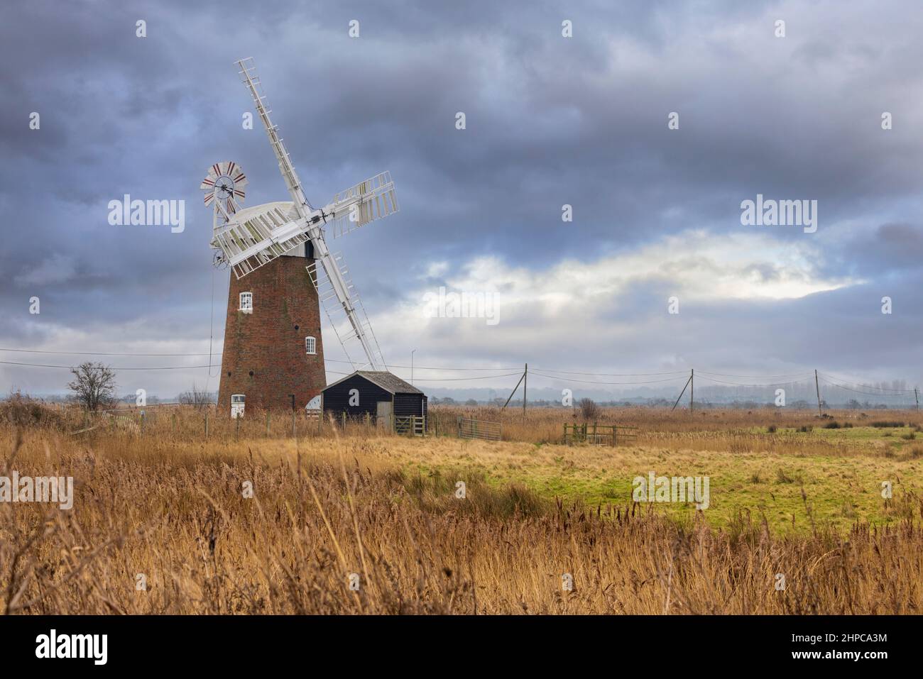 Moulin de drainage Horsey en hiver, Norfolk Broads, Angleterre Banque D'Images