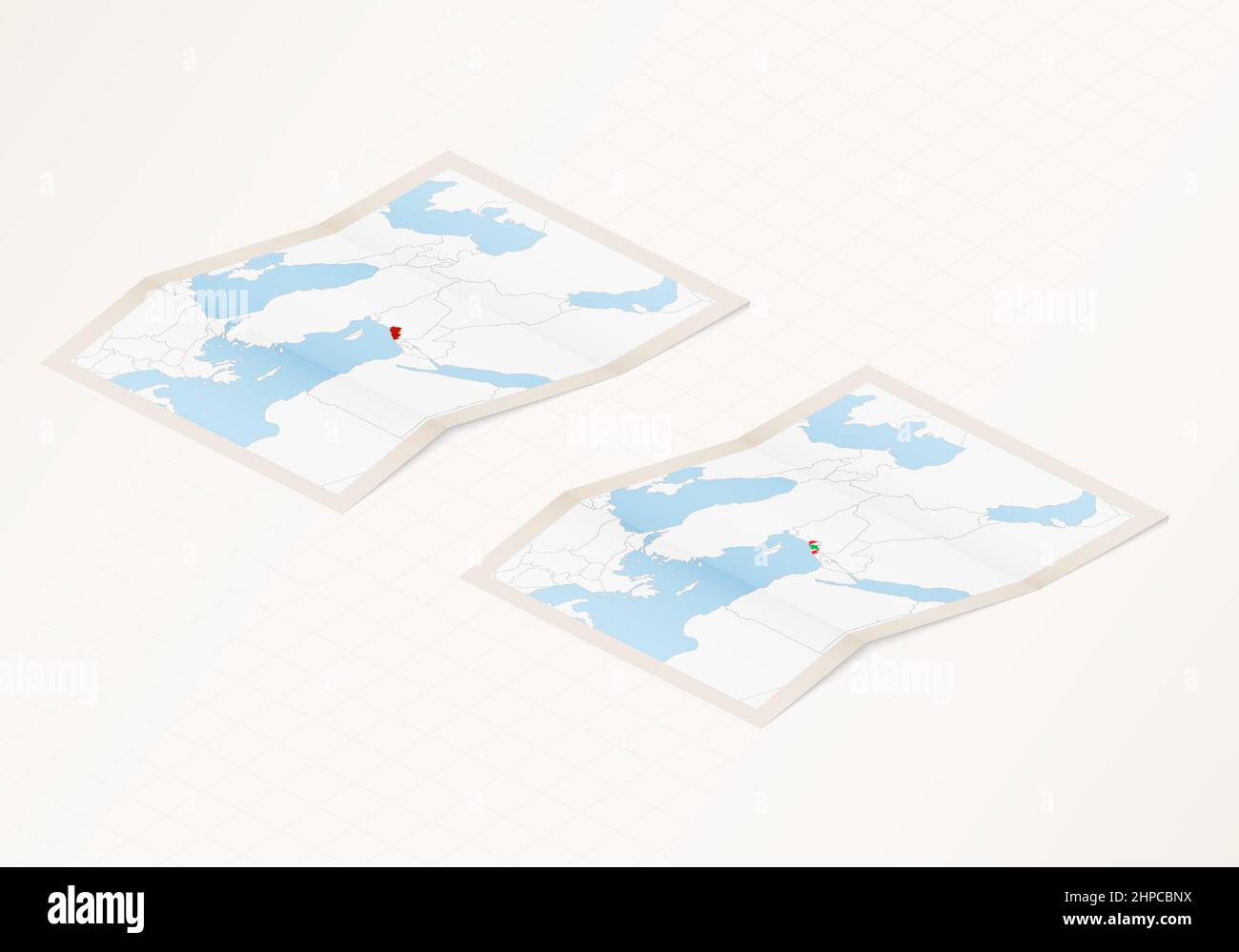 Deux versions d'une carte pliée du Liban avec le drapeau du pays du Liban et la couleur rouge mise en évidence. Ensemble de cartes vectorielles isométriques. Illustration de Vecteur