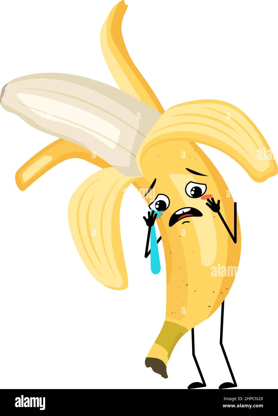 Caractère banane avec pleurs et larmes émotion, visage triste, yeux dépressifs. Personne avec expression mélancolique, émoticône de fruit. Illustration vectorielle plate Illustration de Vecteur
