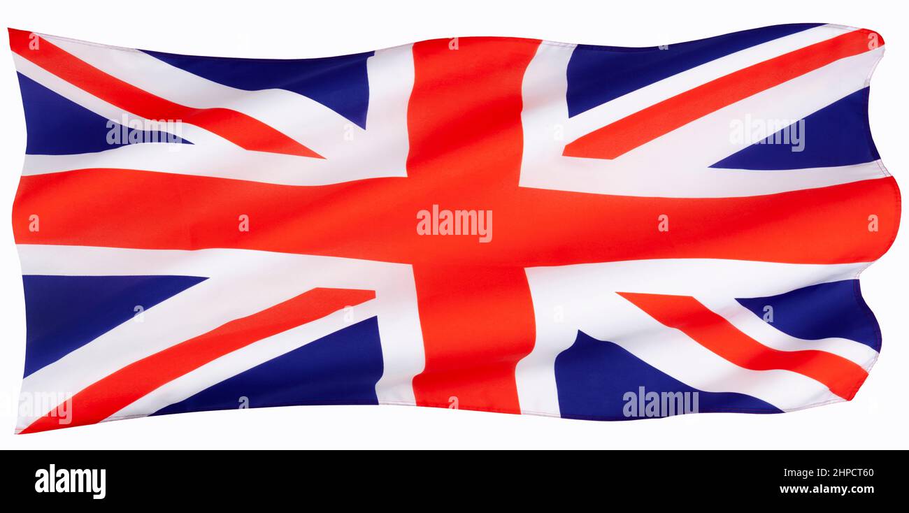 Le drapeau du Royaume-Uni de Grande-Bretagne et d'Irlande du Nord - l'Union Jack. Étiré et allongé. Isolé sur blanc pour découpe. Banque D'Images