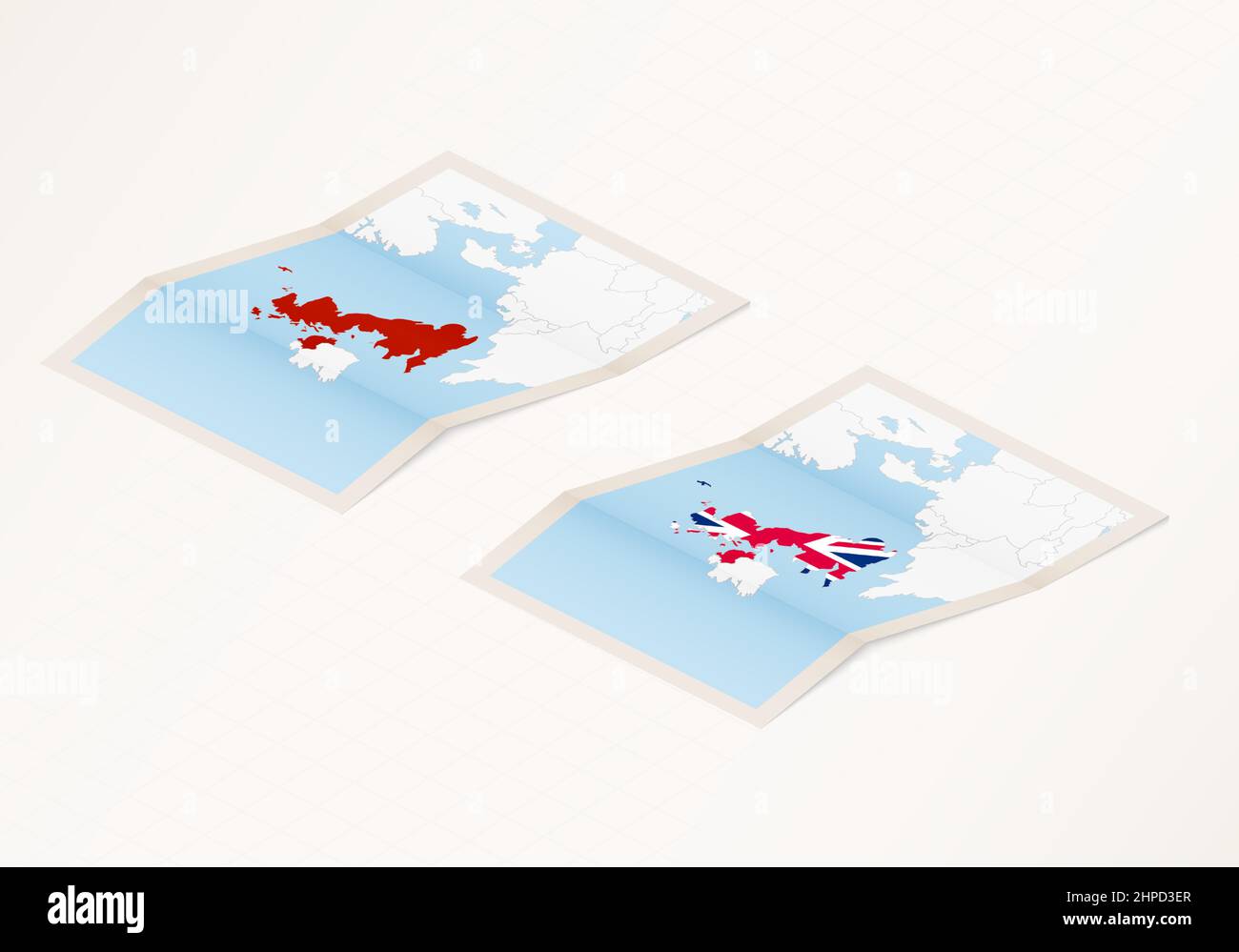 Deux versions d'une carte pliée du Royaume-Uni avec le drapeau du pays du Royaume-Uni et la couleur rouge mise en évidence. Ensemble de vec isométrique Illustration de Vecteur