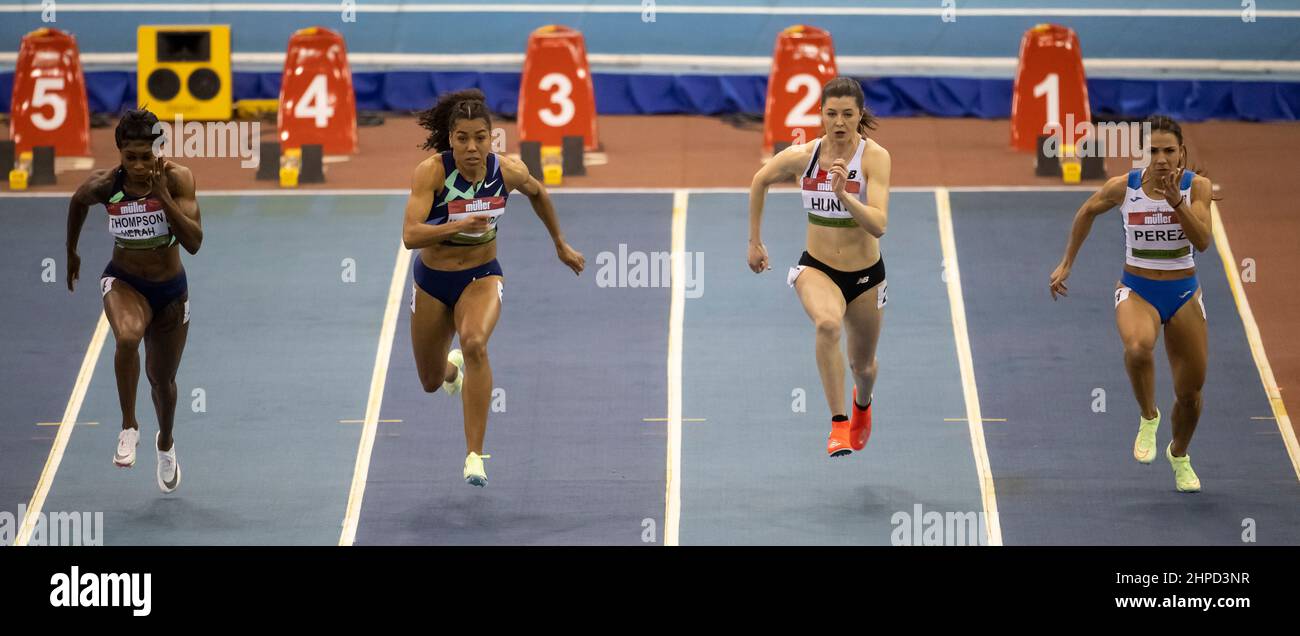 Elaine Thompson-Herah, Mujinga Kambundi, Amy Hunt et Maria Isabel Perez se disputant la finale féminine de 60m au Grand Prix intérieur Muller, World In Banque D'Images