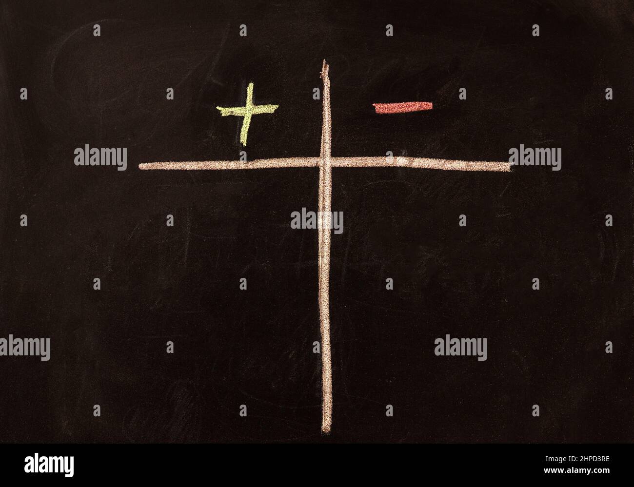 Pour et contre concept. Plus contra moins, ligne rose entre eux, sur fond de tableau noir. Liste vide pour la prise de décision. Comparaison entre negativ Banque D'Images