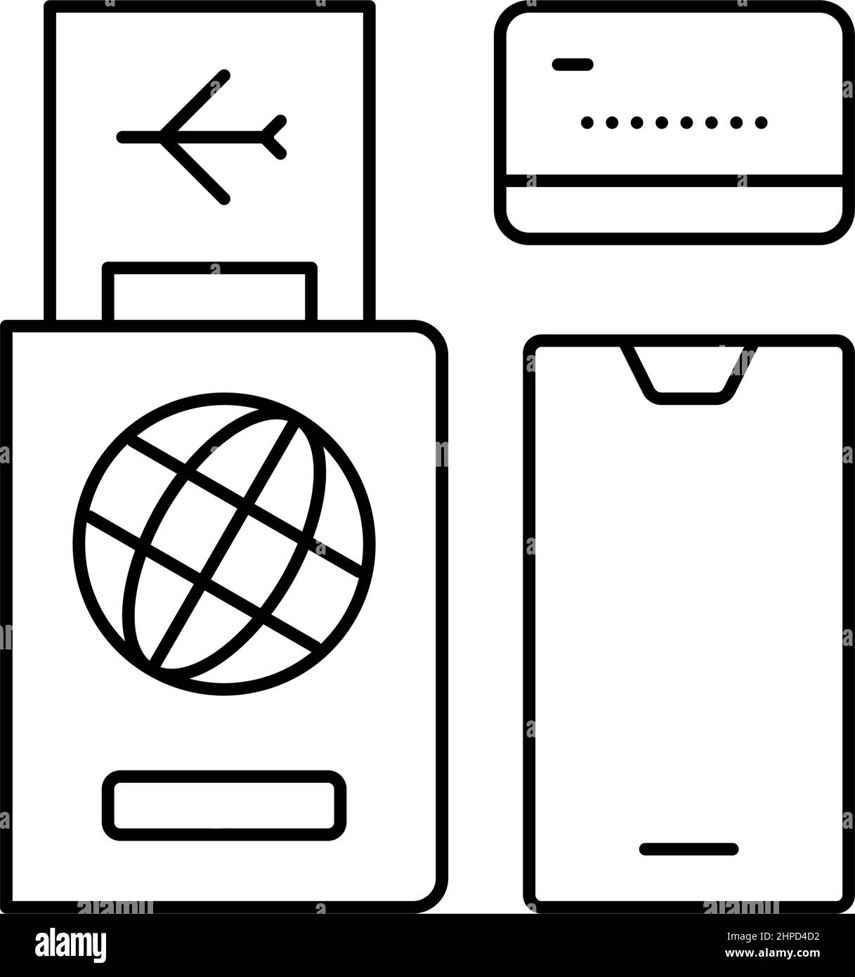 illustration vectorielle d'un passeport international, d'un billet, d'une carte bancaire et d'une icône de téléphone intelligent Illustration de Vecteur