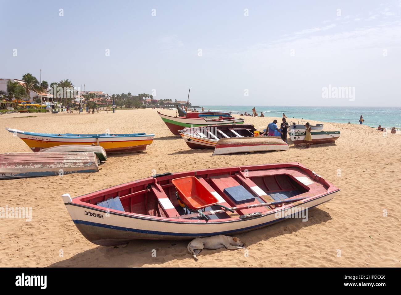 Bateaux de pêche colorés sur la plage, Praia Santa Maria, Santa Maria, Sal, República de Cabo (Cap Vert) Banque D'Images