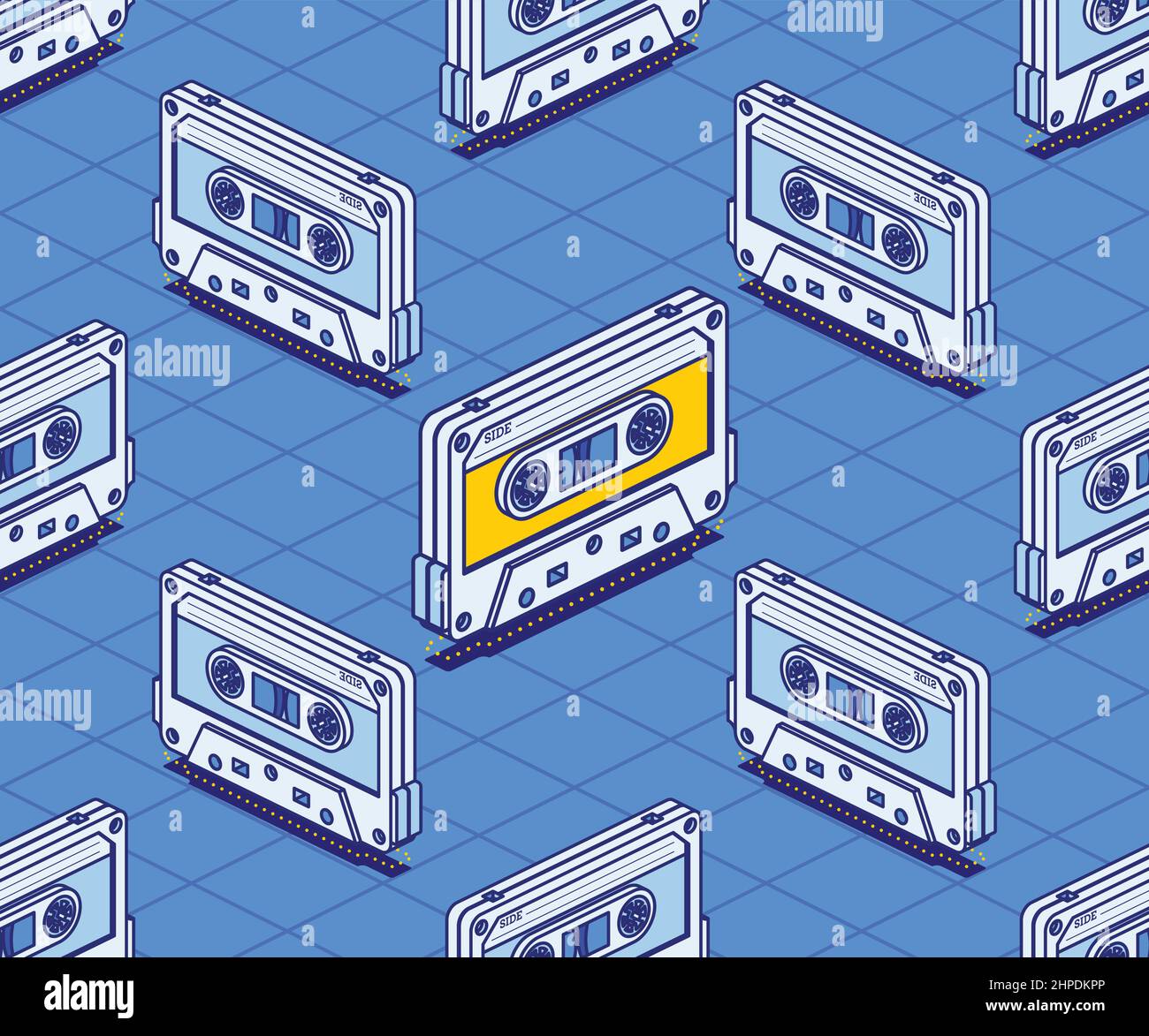 Bande de cassette audio isométrique à motif sans couture. Illustration vectorielle. Outline Music concept. Dispositif audio électronique rétro. Concepts 80s et 90s. Illustration de Vecteur