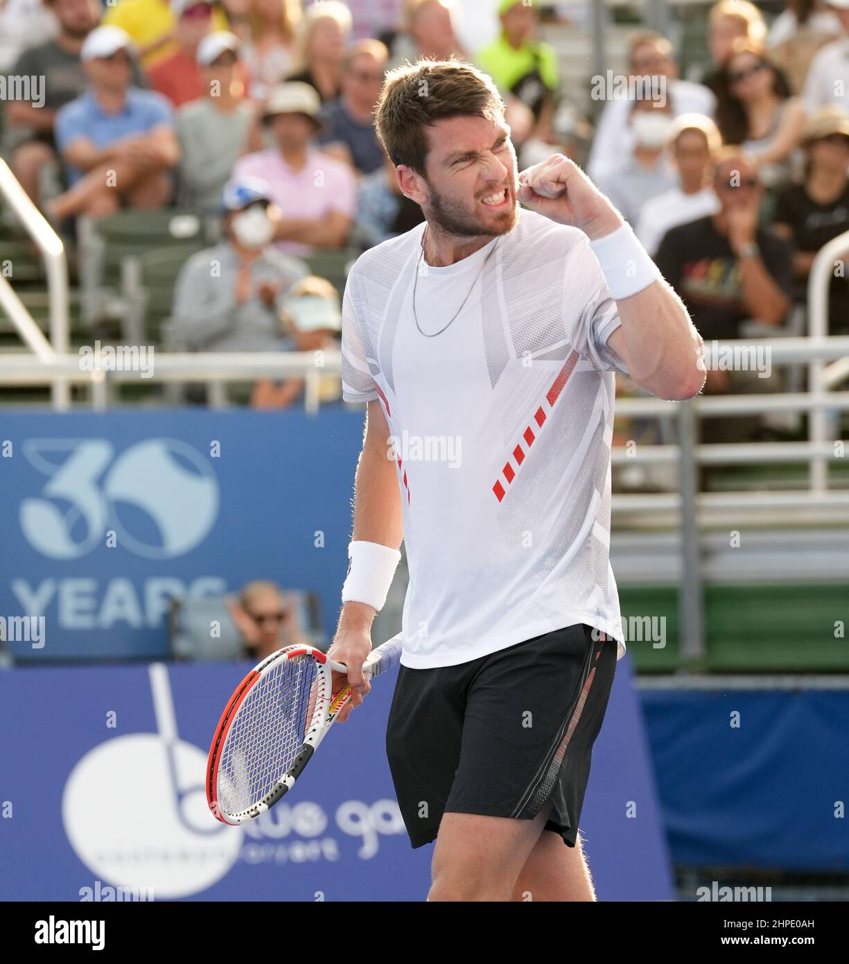 DELRAY BEACH: FL - février, 20 - Delray Beach: Cameron Norrie(GBR) célèbre ici, bat Rielly Opelka(USA) 76(1) 76(4) pour gagner la plage Delray 2022 Open par le Championnat Vitacost tenu à Delray Beach, FL. Delray Beach, Floride. 20 février 2022. Crédit : Andrew Patron/MediaPunch Banque D'Images