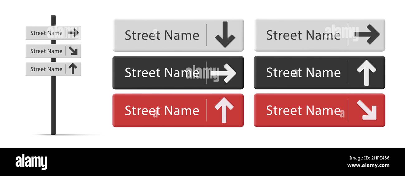 Panneaux routiers de navigation urbaine avec nom de rue et indications d'accès, pilier avec trois panneaux Illustration de Vecteur