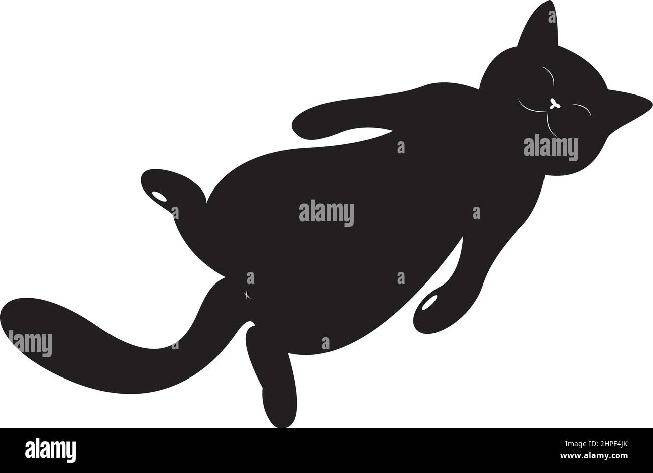 Joli chat heureux couché ventre vers le haut. Adorable chaton reposant dans une posture détendue. Doux et paresseux, allongé sur le dos. Illustration vectorielle plate. La mise en plan noire est Illustration de Vecteur