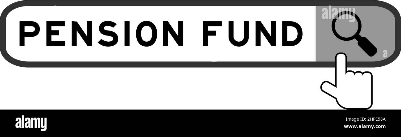 Bannière de recherche dans le mot fonds de pension avec la main sur l'icône de loupe sur fond blanc Illustration de Vecteur