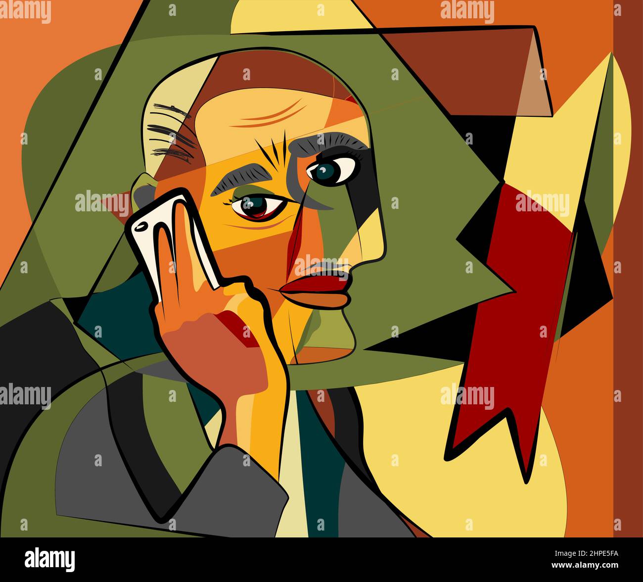portrait cubisme style art, l'homme appelle sur le téléphone cellulaire Illustration de Vecteur
