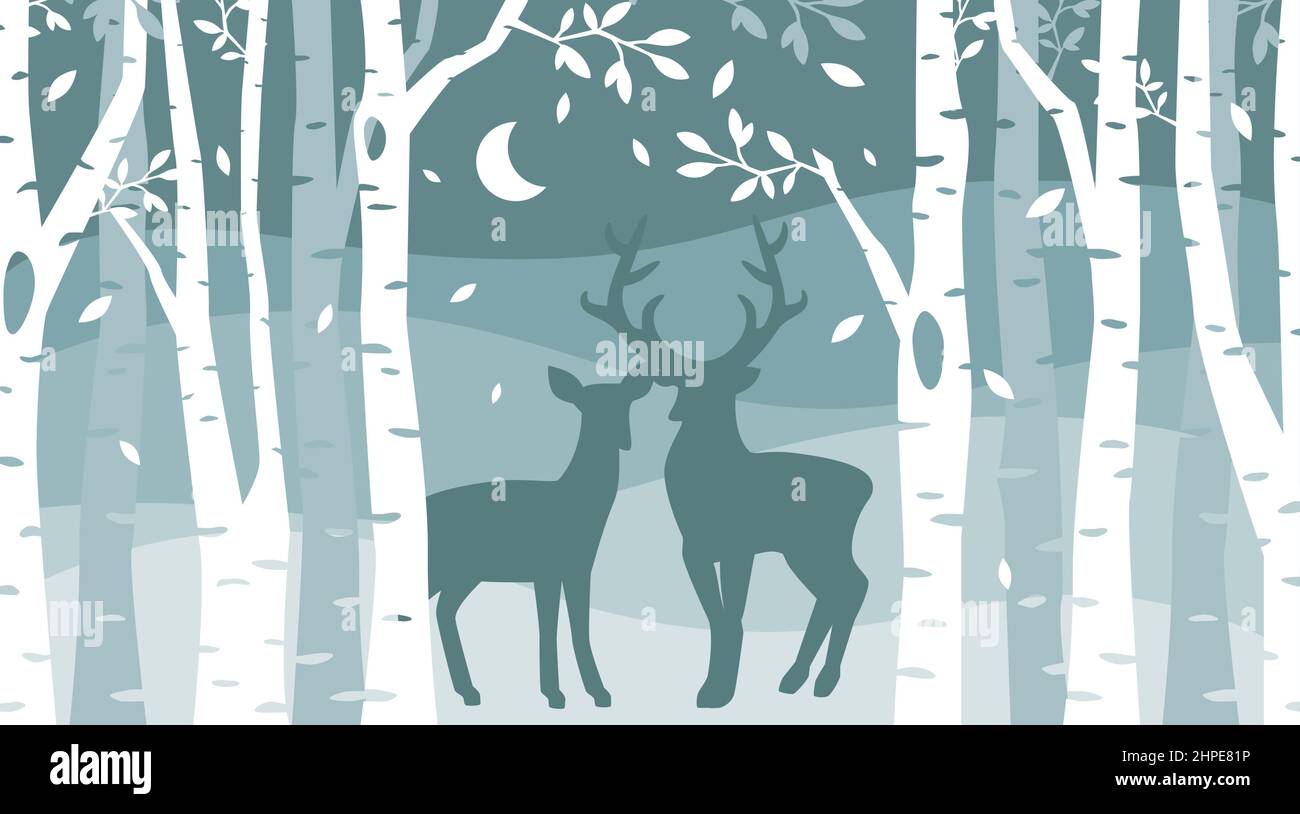 Cerf et doe en forêt d'hiver. Illustration du paysage de la scène Magic Night Woods. Illustration de Vecteur