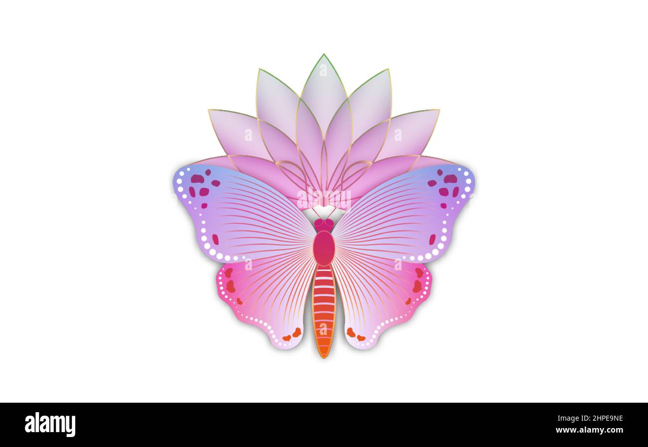 Texte « fleurs de lotus » et logo « papillons » avec modèle de fleurs colorées « papillons ». Vector Design pour la mode, les imprimés d'affiche et de carte, isolé Illustration de Vecteur