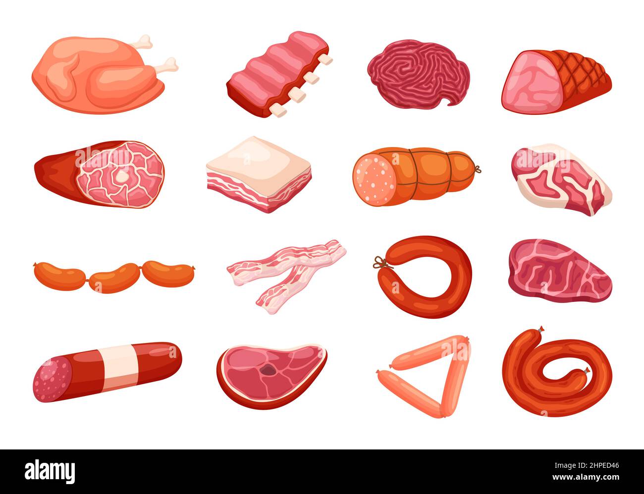 Nourriture de viande brute de dessin animé. Produits frais d'animaux de ferme, farine de protéines, poulet, saucisses et steak, bœuf et porc, ingrédients de viande de mouton, bacon et salami Illustration de Vecteur
